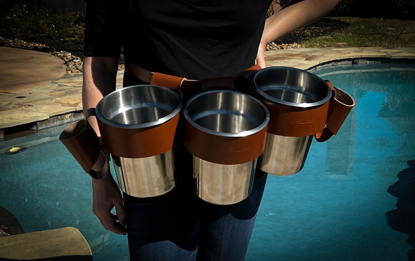 Brown Oyster Shucking Apron Belt with four quart pots and condiment holsters