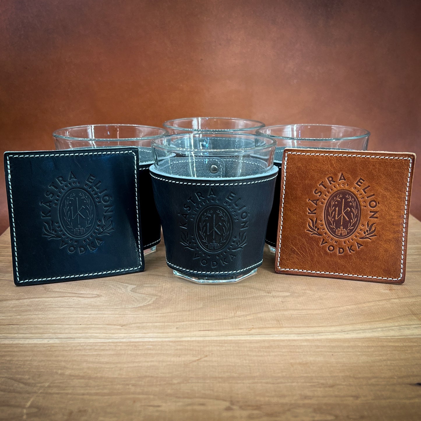 Custom Kastra Elion Vodka Glasses Wrapped in Horween Leather
