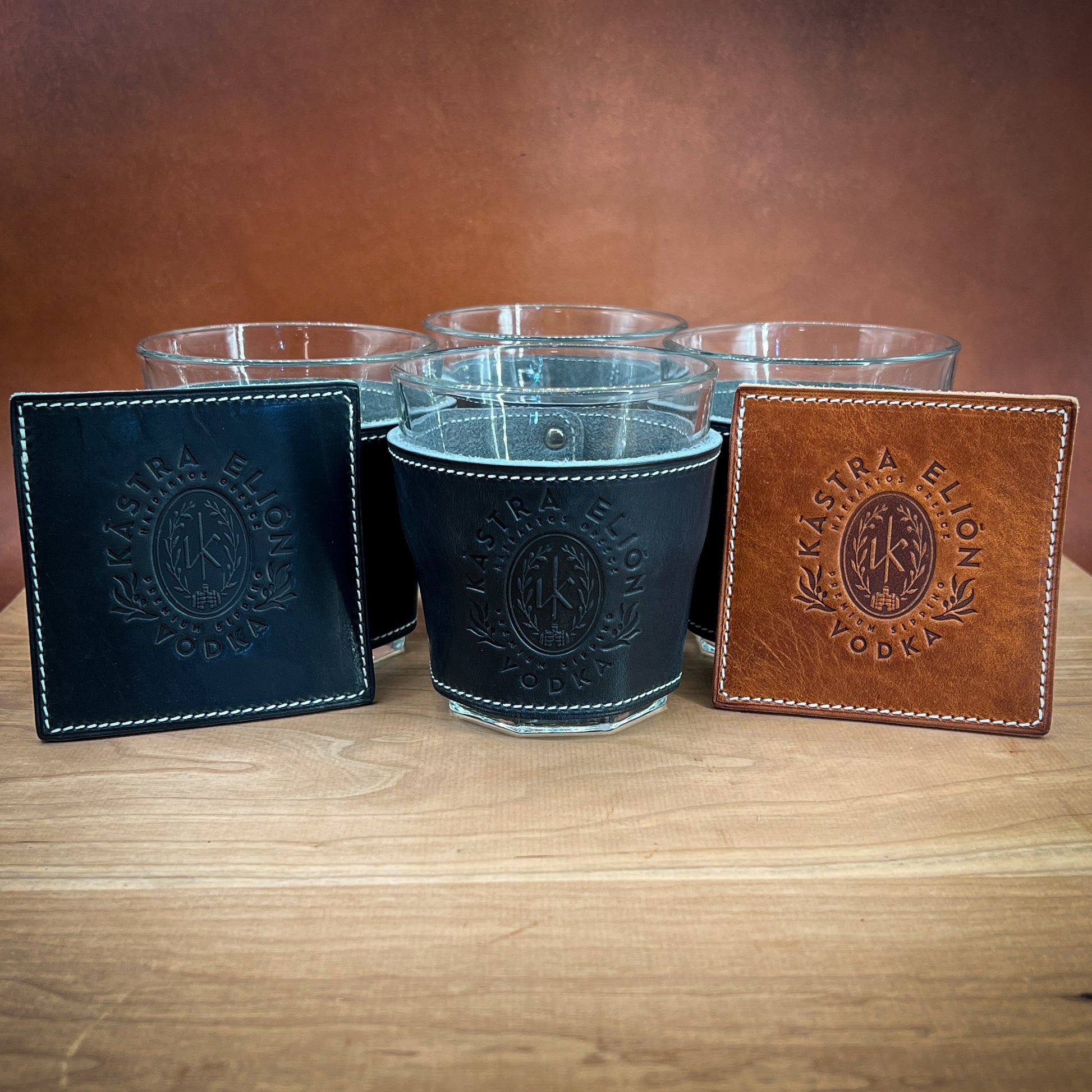 Custom Kastra Elion Vodka Glasses Wrapped in Horween Leather