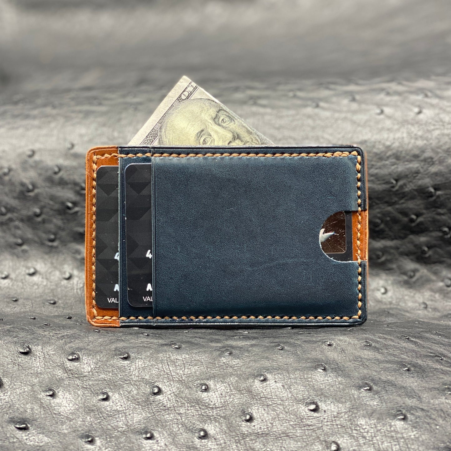 Custom Minimalist MiniMax V2 wallet in Cobalt Blue Horween and Chestnut Sedgwick Bridle Leather | made in Houston | Custom Leather and Pen