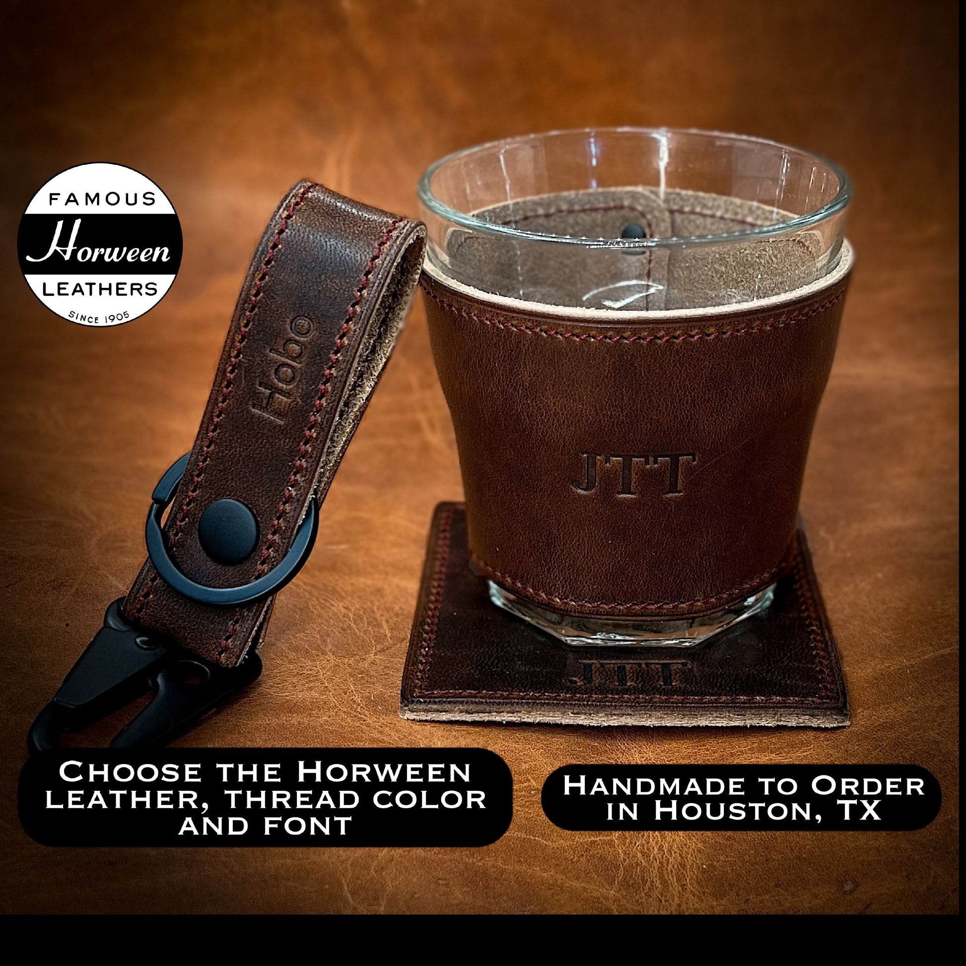 Personalized Tumbler Glasses in Horween leather. Handmade to Order by Custom Leather and Pen in Houston, TX