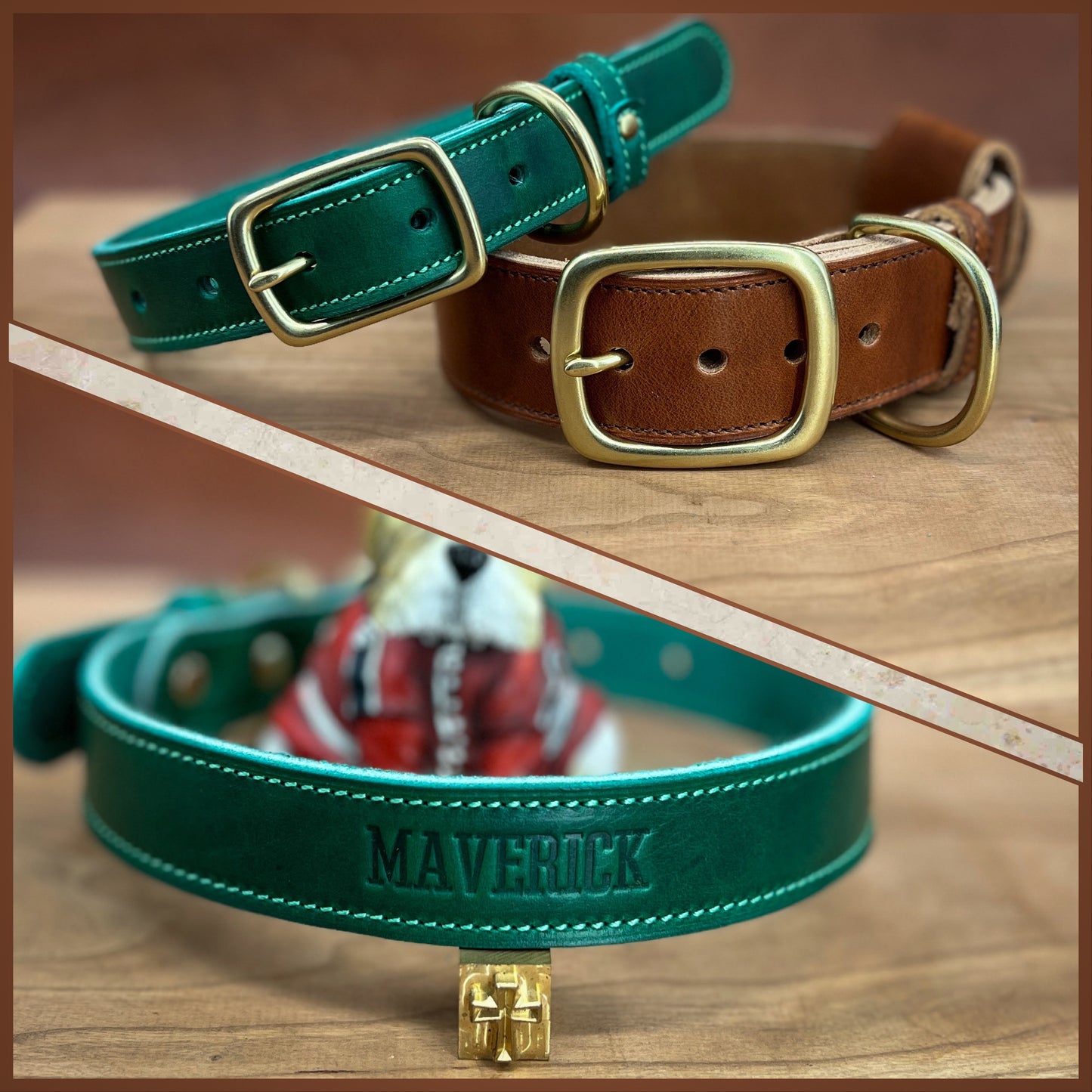 Leather Dog Collar for Small and Medium Dogs. Handmade in Horween Leather with solid brass hardware.