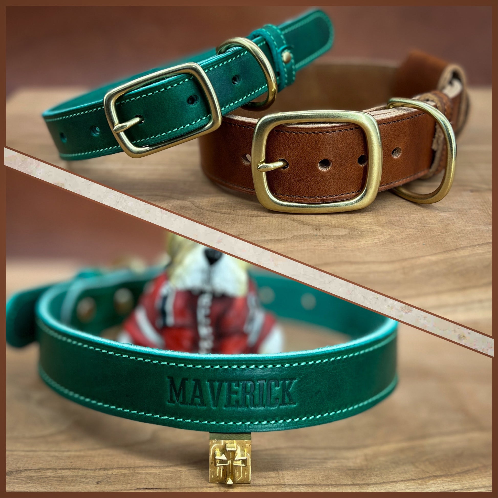 Leather Dog Collar for Small and Medium Dogs. Handmade in Horween Leather with solid brass hardware.