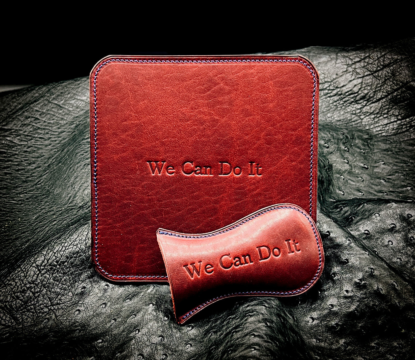Motivating, custom cast Iron Skillet Handle Covers in Horween leather. Handmade to order in Houston, TX.