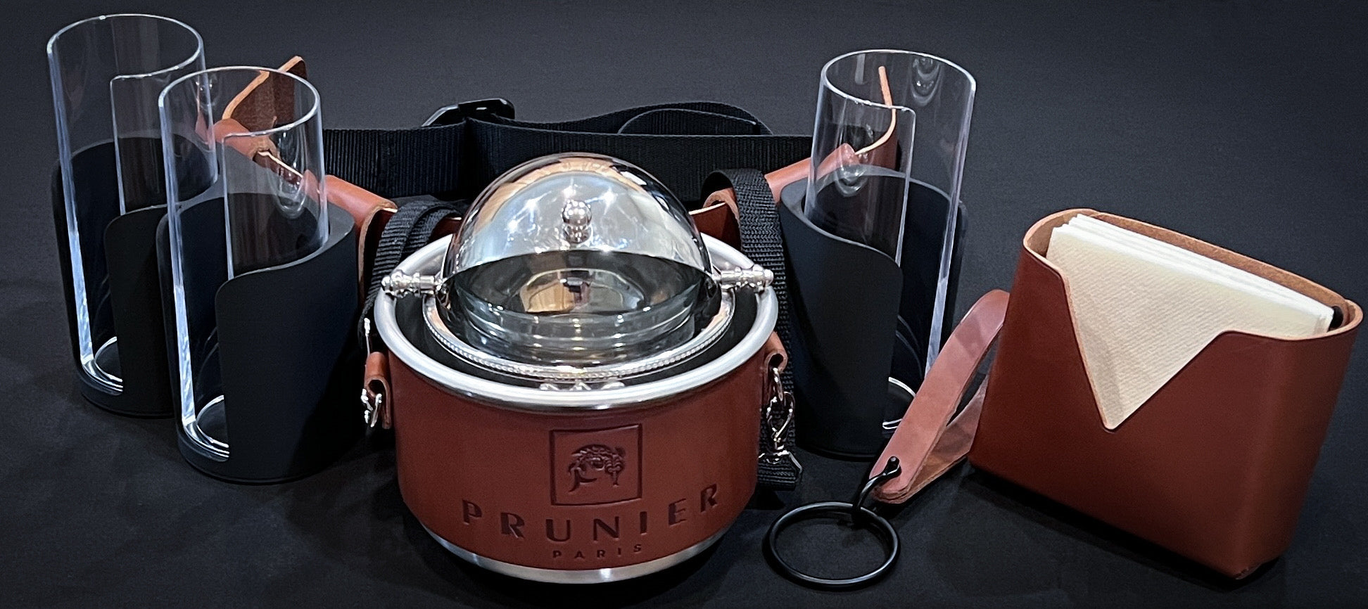 Prunier Caviar Catering belt for roaming caviar service.  Handcrafted in Cuoio Walpier Leather by Custom Leather and Pen in Houston, Texas