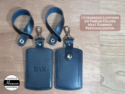 Horween Leather Luggage Tags handmade to order by Custom Leather and Pen in Houston, Texas.  Pictured is Cobalt Blue Horween leather with nickel finished hardware.  