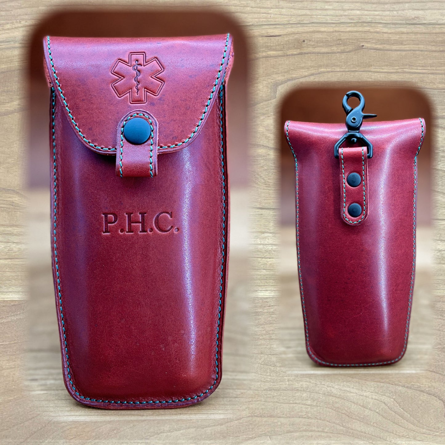 Handmade EpiPen Case for 2 EpiPens in London Red Horween Leather with Green Thread