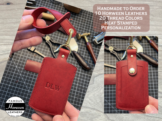 Handmade Luggage Tag in London Red Horween leather with brass hardware.  Made by Custom Leather and Pen in Houston, Texas