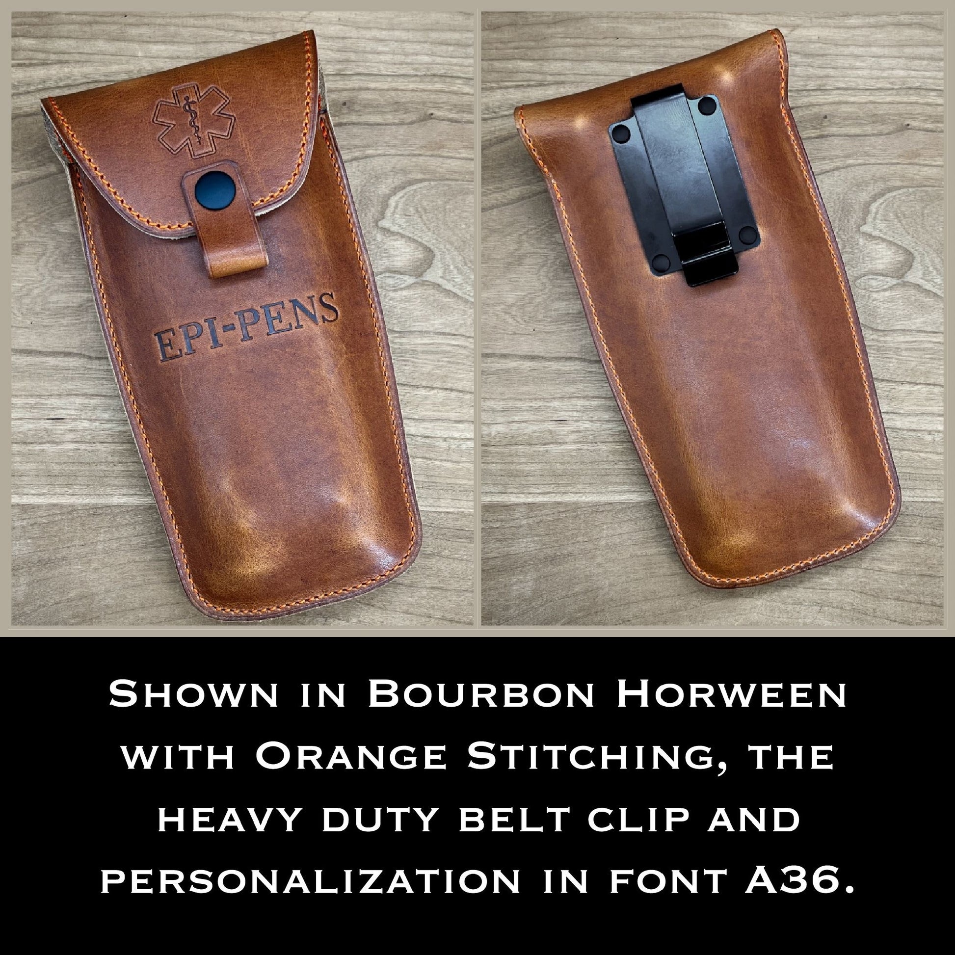 Handmade Leather EpiPen Case for 2 EpiPens with heavy duty belt clip. Made in Bourbon Horween Leather with Orange Stitching.