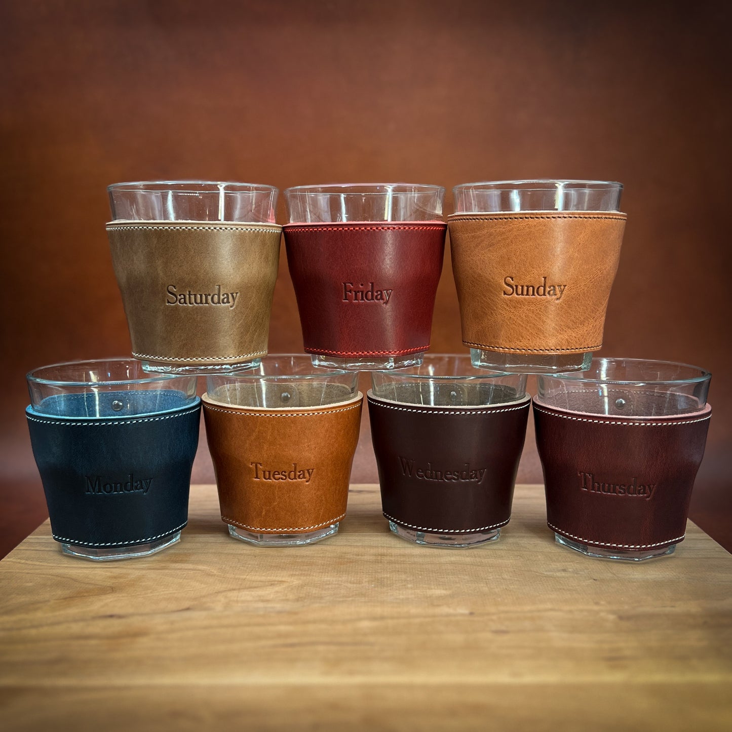 Horween Leather Wrapped Whiskey Glasses in colors for every decor.