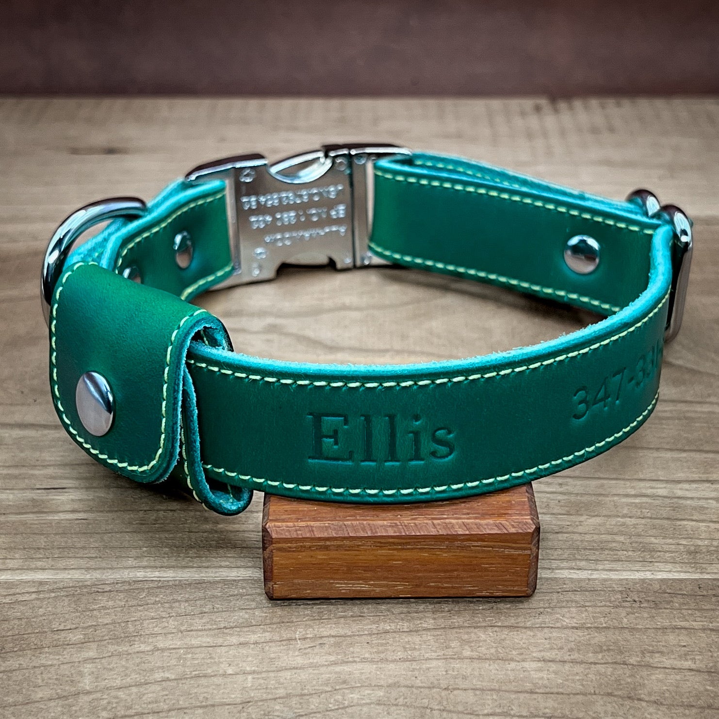 Handmade Leather Dog Collar in Green Horween Leather with Airtag Pocket.