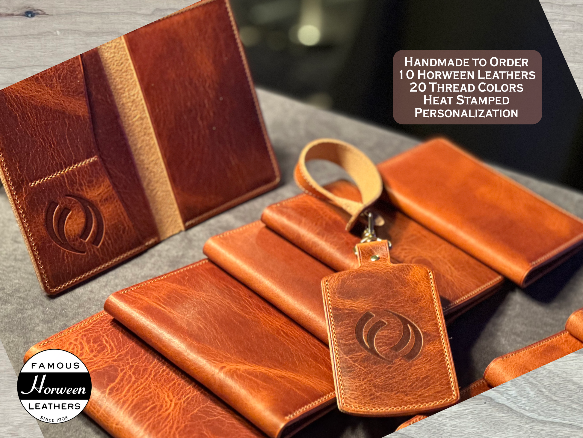 Horween Leather Passport Covers on display at the Four Seasons Hotel kickoff for CERA Week in 2025.  Made in English Tan Horween leather.  Custom heat stamped logos.  Handmade to order in Houston Texas.