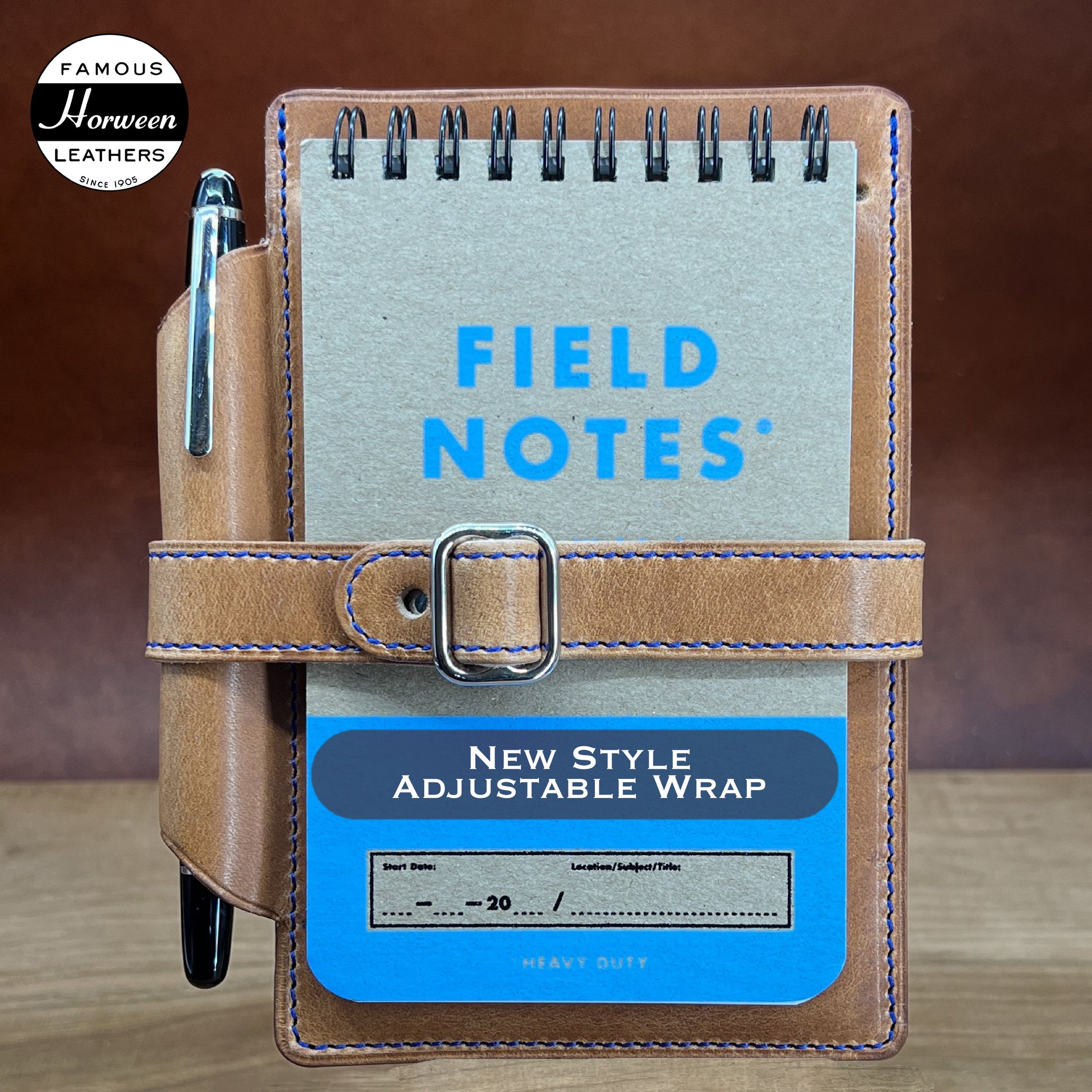 Updated adjustable wrap on the Handmade Jotter Style Cover for Field Notes Heavy Duty Flip Notebook by Custom Leather and Pen