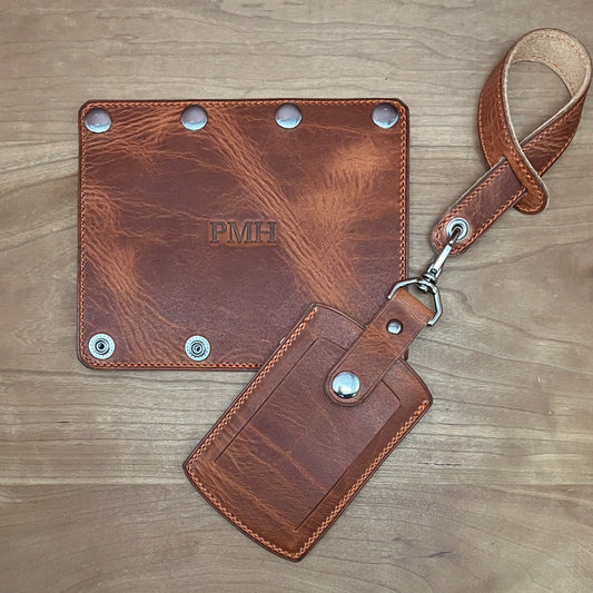 Custom Leather Luggage Tag in English Tan Derby Horween Leather with Nickel Hardware