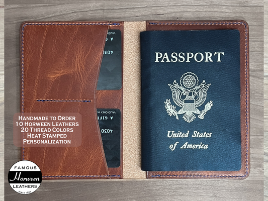 Horween leather passport cover in English Tan Horween leather.  Custom made to order in Houston Texas for premium gifts and corporate promotional giving.