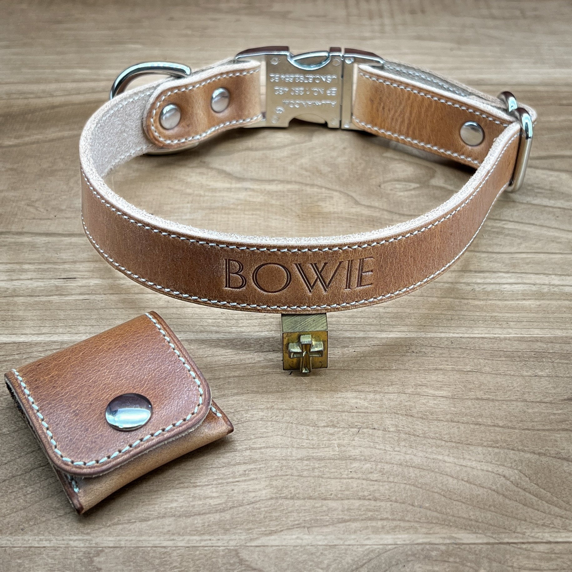 Handmade Leather Dog Collar in Natural Dublin Horween Leather with Airtag Pocket.