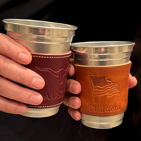 Personalized Party Cups in premium Horween leather and detailed stitching with Ball Aluminum Cups.