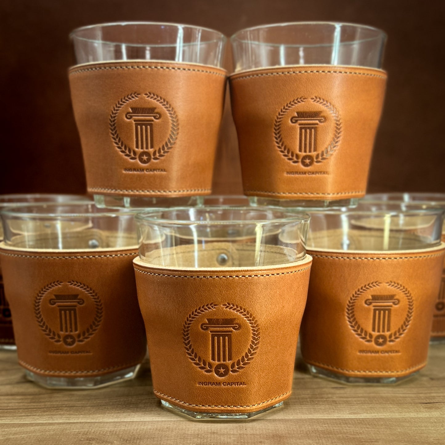 Ingram Capital Promotional Whiskey Glass Gifts in Horween Leather.