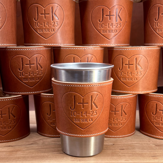Personalized Stainless Steel Pint Glass with Premium Horween leather sleeve and custom logo for a wedding.