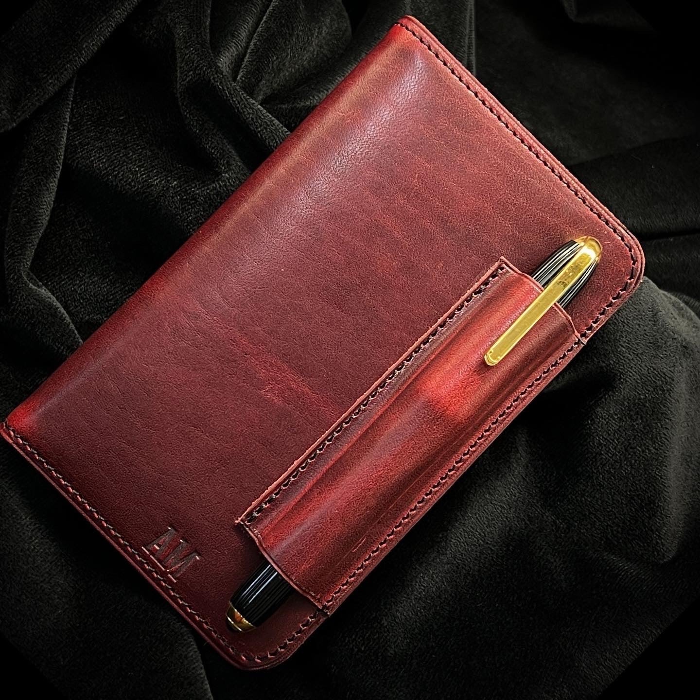 Very Striking London Red Horween Notebook Cover with Cartier Pen holder.  Handmade by Custom Leather and Pen in Houston, TX