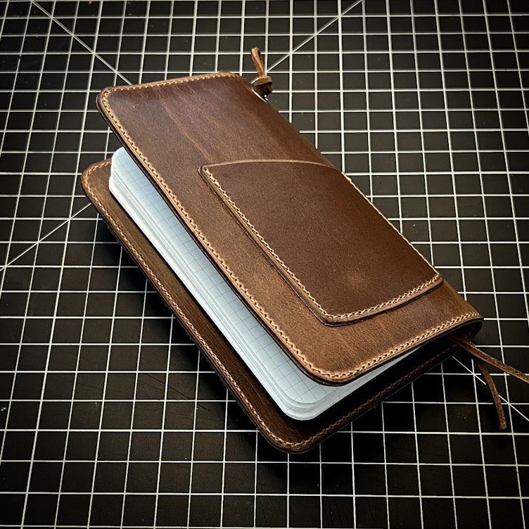 Custom Notebook Cover in Natural Dublin Horween with pocket on the back outside cover and fancy bookmark