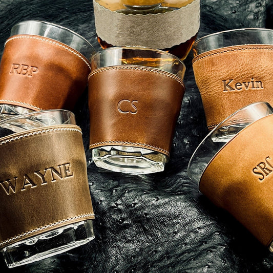 Leather Bourbon Whiskey Glasses for wedding parties, wedding favors and groomsmen. Handmade in Houston, Texas.