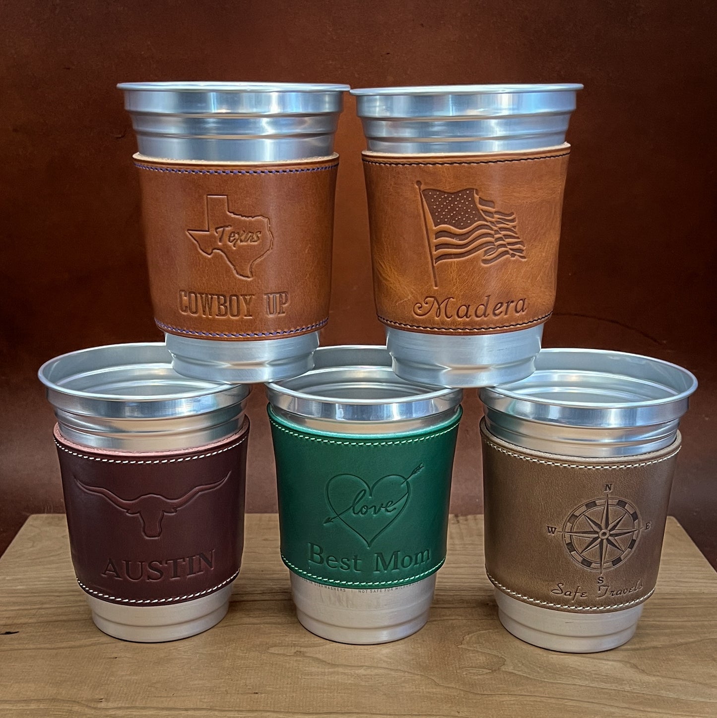 Personalized Stainless Steel Pint Cups with Horween Leather Sleeves