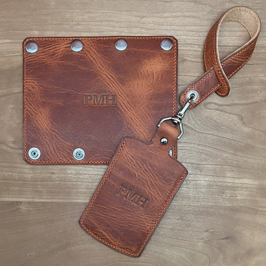 Handmade Leather Luggage Tag in English Tan Derby Horween Leather with Nickel Hardware by Custom Leather and Pen in Houston Texas