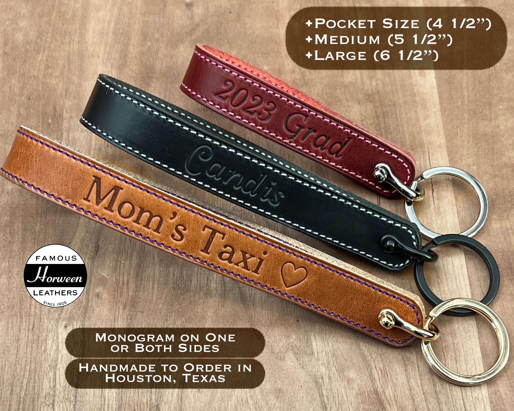 Custom Horween Leather Keychains in 3 sizes.