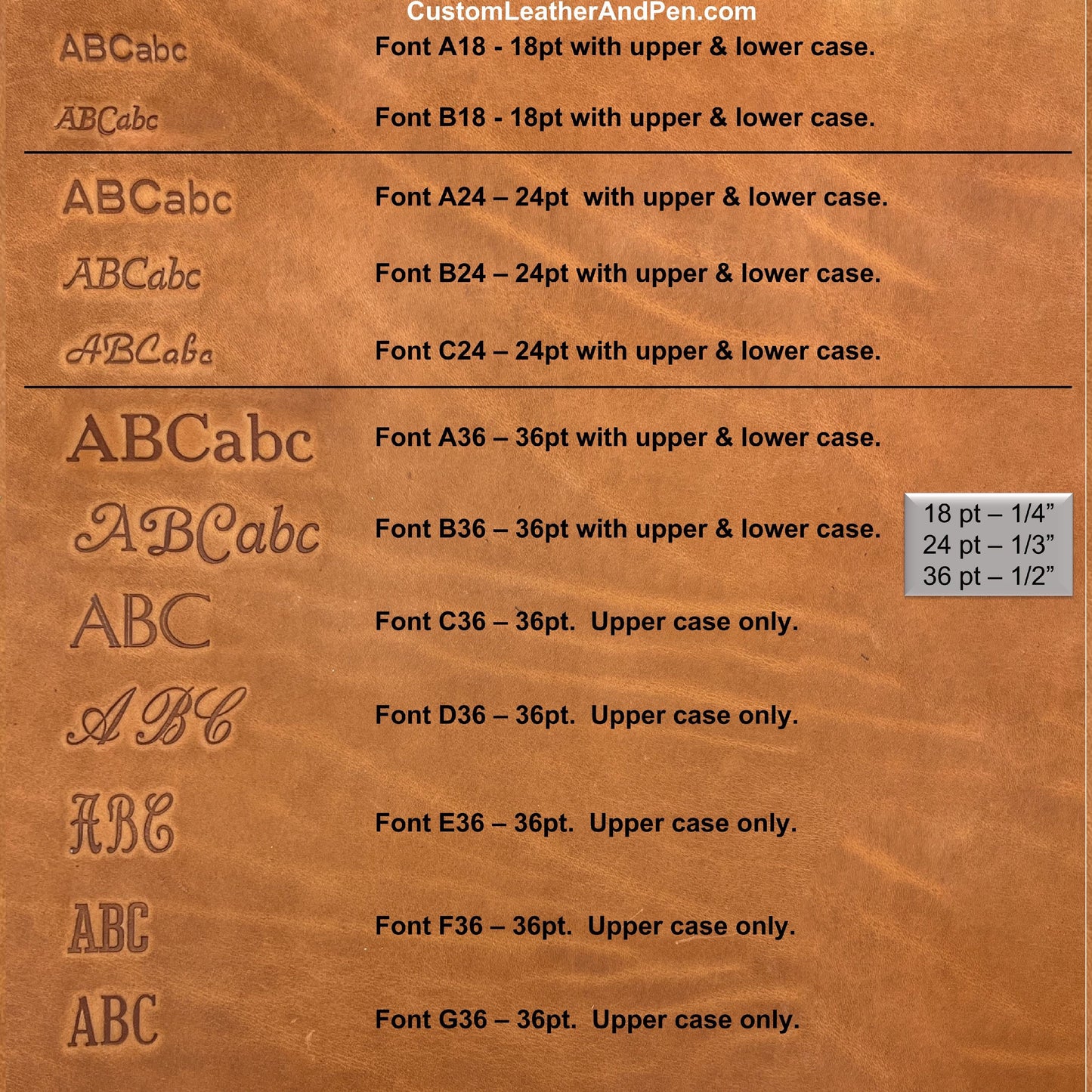 Heat Stamp Font Options for Custom Leather and Pen Leather Shop in Houston, TX