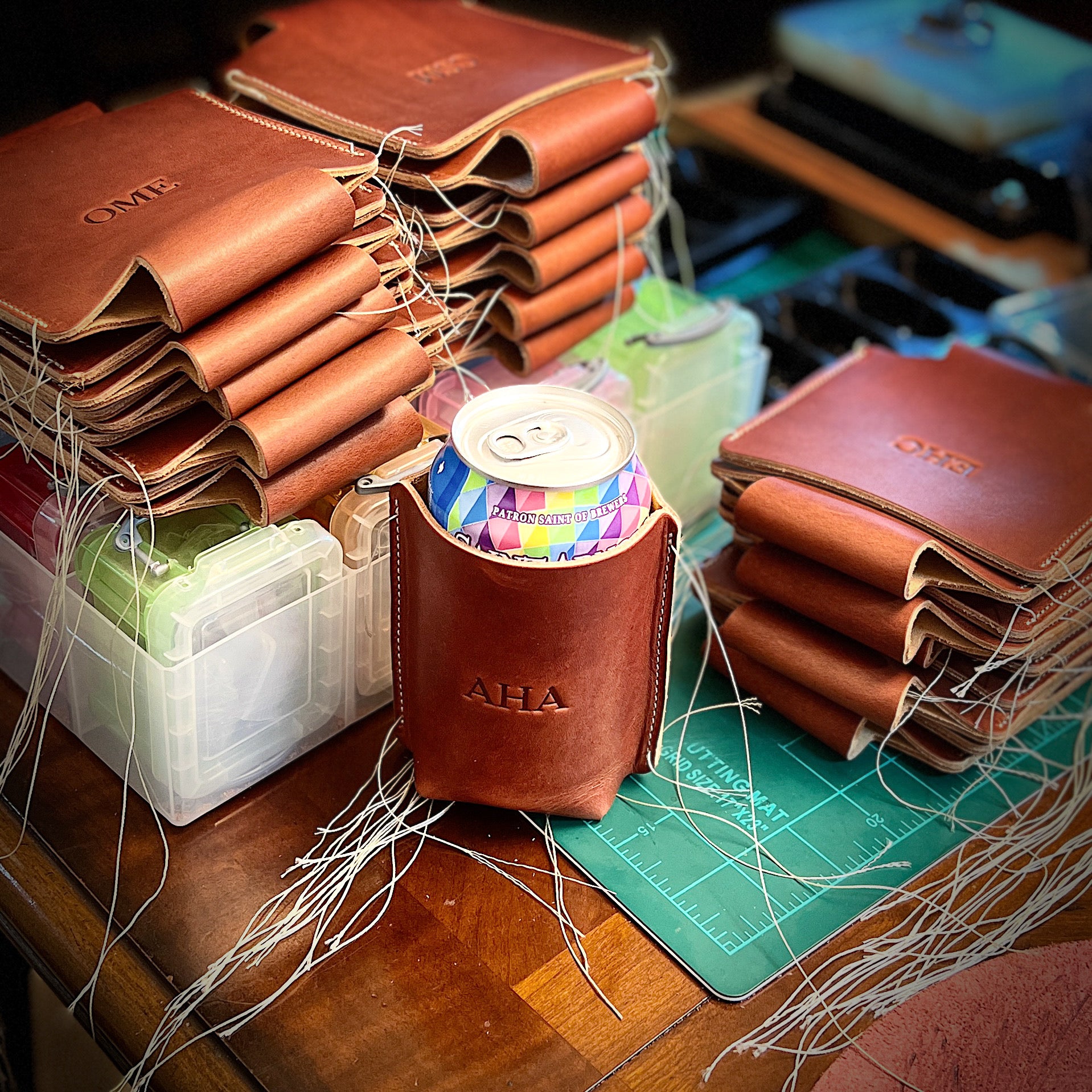 Handmade Leather Cozies in Bourbon Horween leather by Custom Leather and Pen.
