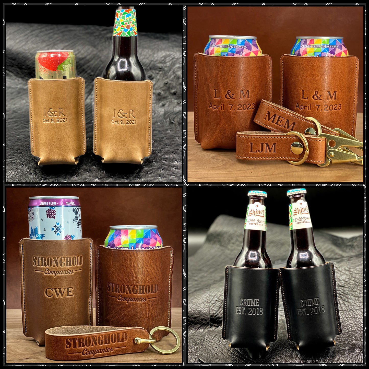 Wedding Favor Leather can and bottle cozies in a variety of Horween leathers including natural CXL, english tan horween and black CXL Horween.  The custom cozies are handmade to order by Custom Leather and Pen in Houston TX