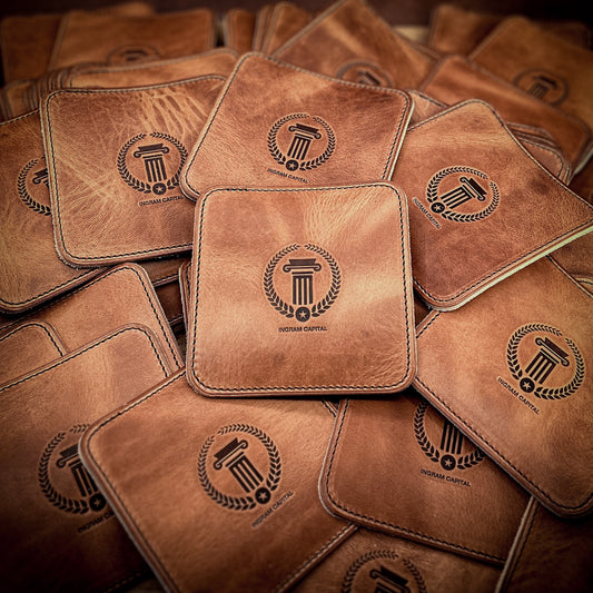 Custom drink coasters in beautiful english tan horween leather.  handmade in houston texas by Custom Leather and Pen