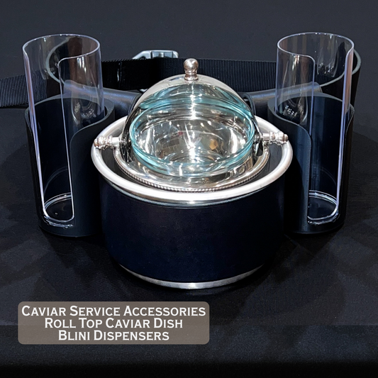 Caviar Service Belt for Roving Caviar Catering Services.  Handmade in Black Illini Horween leather with stainless steel rolltop caviar serving dish and blini dispensers.