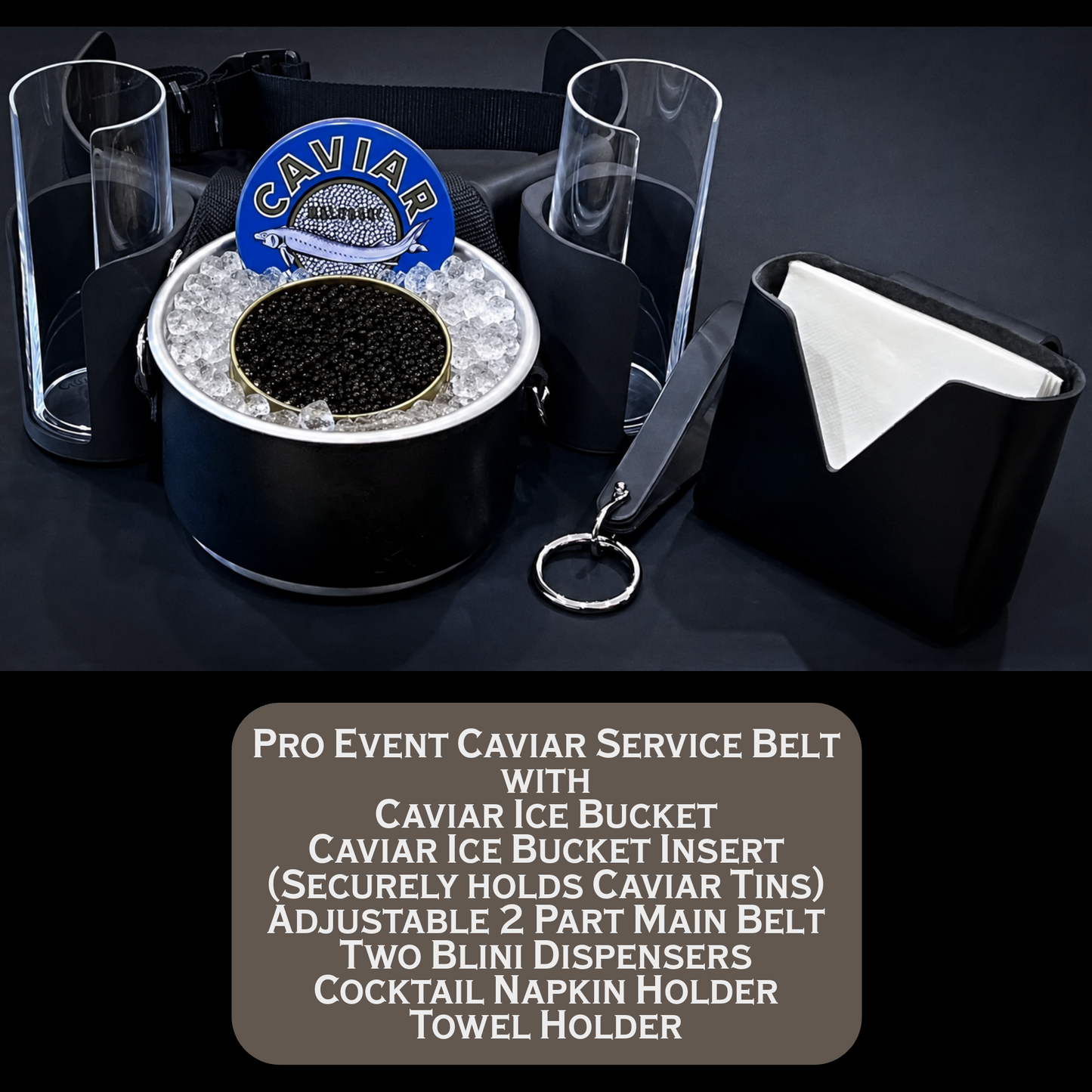 Black leather Pro Event Caviar Service Belt for roaming caviar service at large Events.  Handmade to order by Custom Leather and Pen in Houston, TX