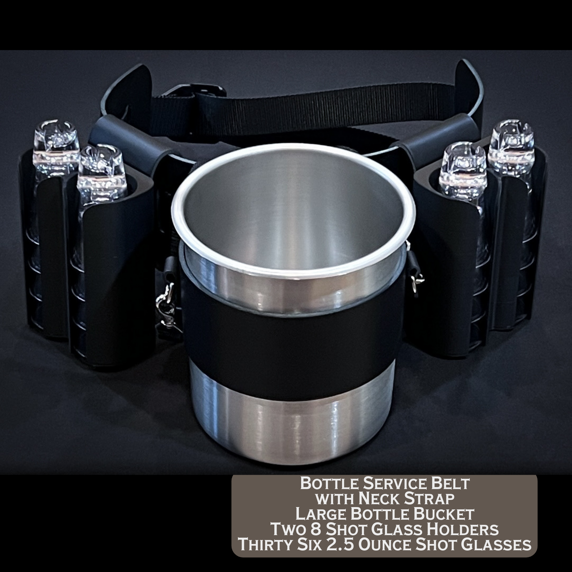 Handmade leather Bottle Service Belt with neck strap, large bottle bucket, two 8 shot glass holders for 2.5 ounce shot glasses in shatterproof plastic.  