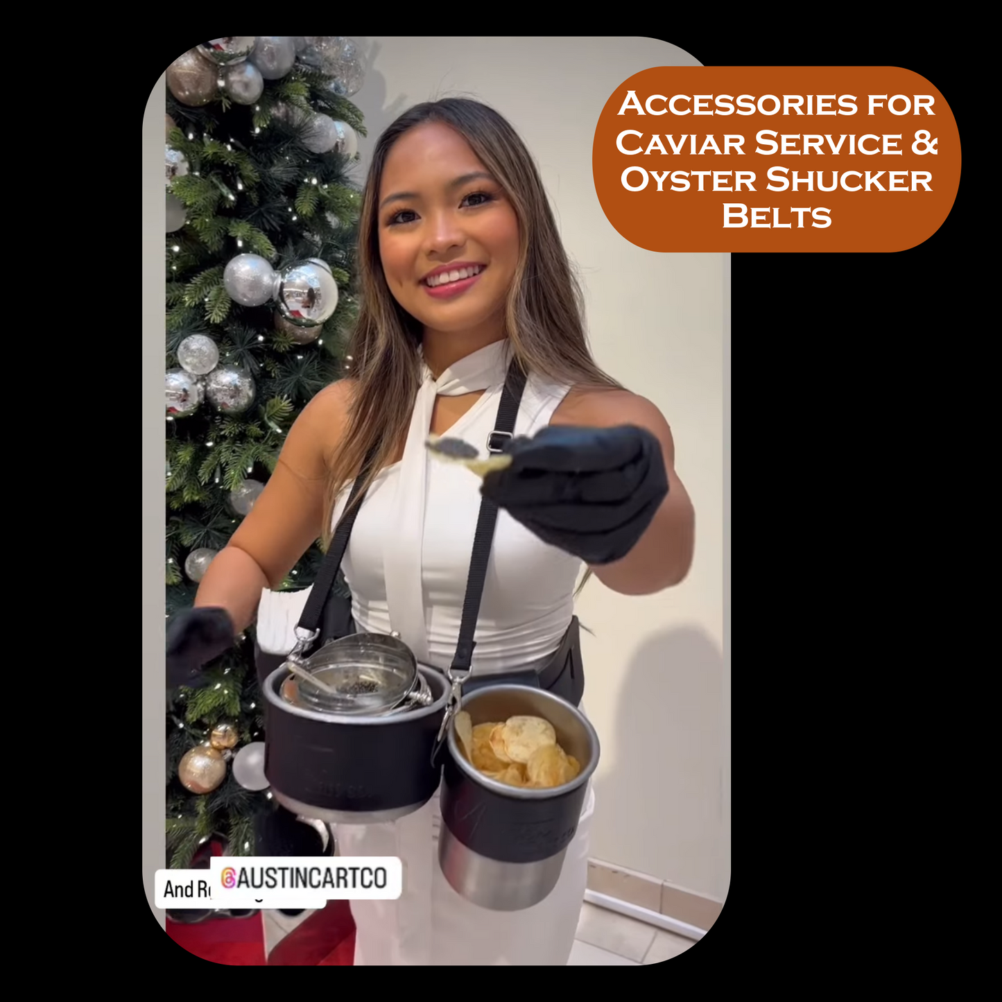 Professional Caviar Service Belt with Chip Bucket Accessory handmade in black leather by Custom Leather and Pen in Houston, Texas