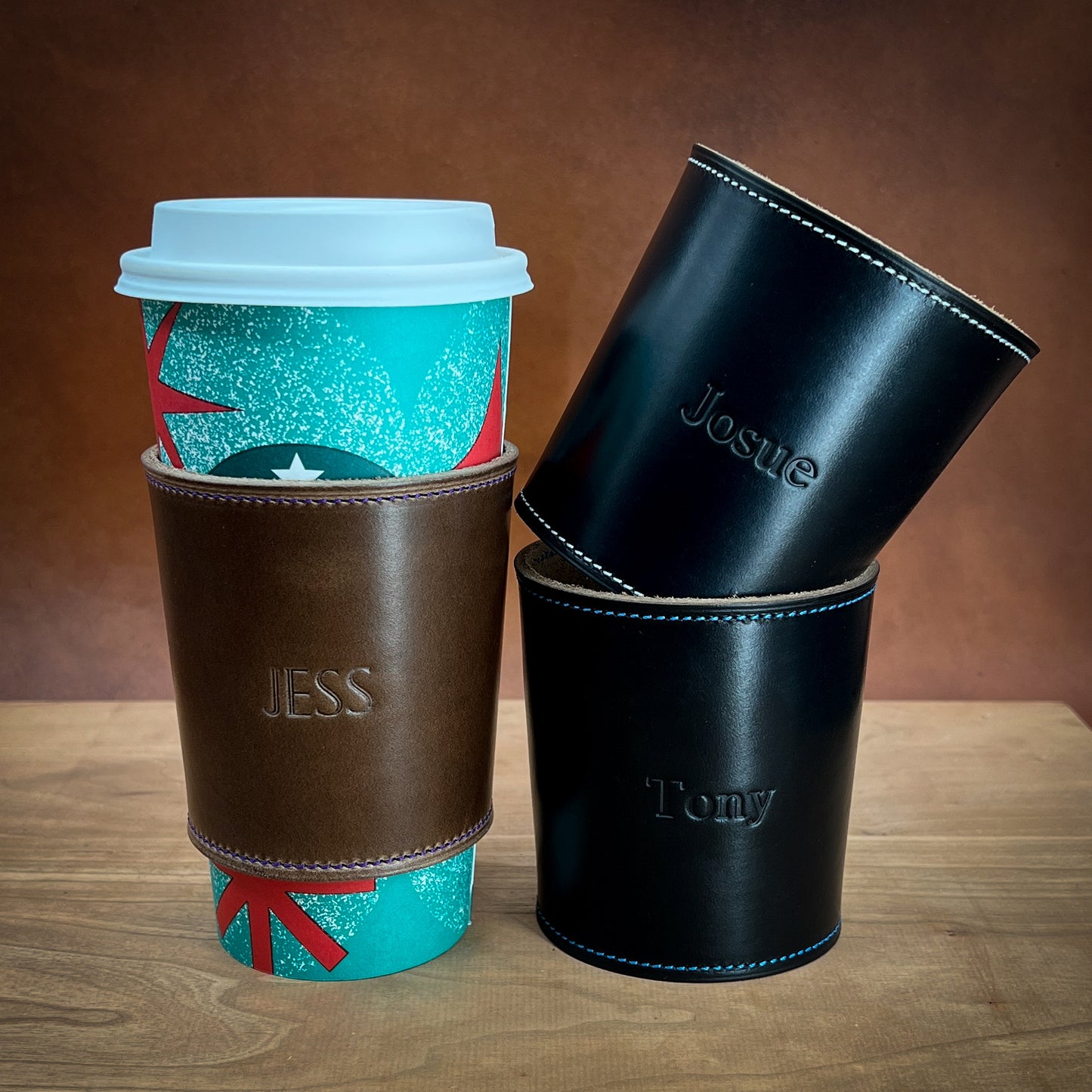 Reusable coffee cup and leather carrier personalised 