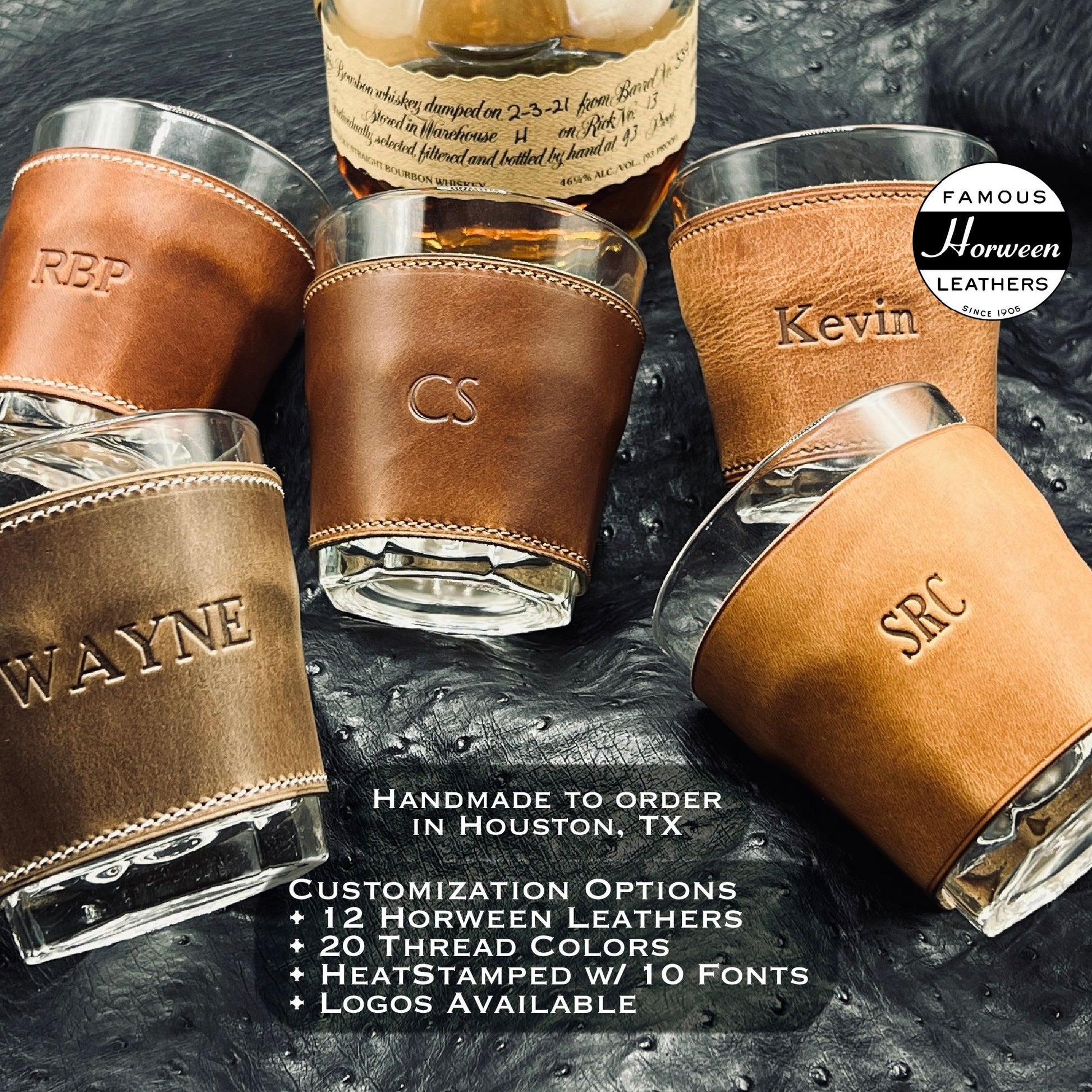 Personalized Whiskey Glasses in Horween Leather | Handmade to Order | Custom Leather and Pen in Houston, TX.  Best Groomsmen Gifts and Wedding Favors
