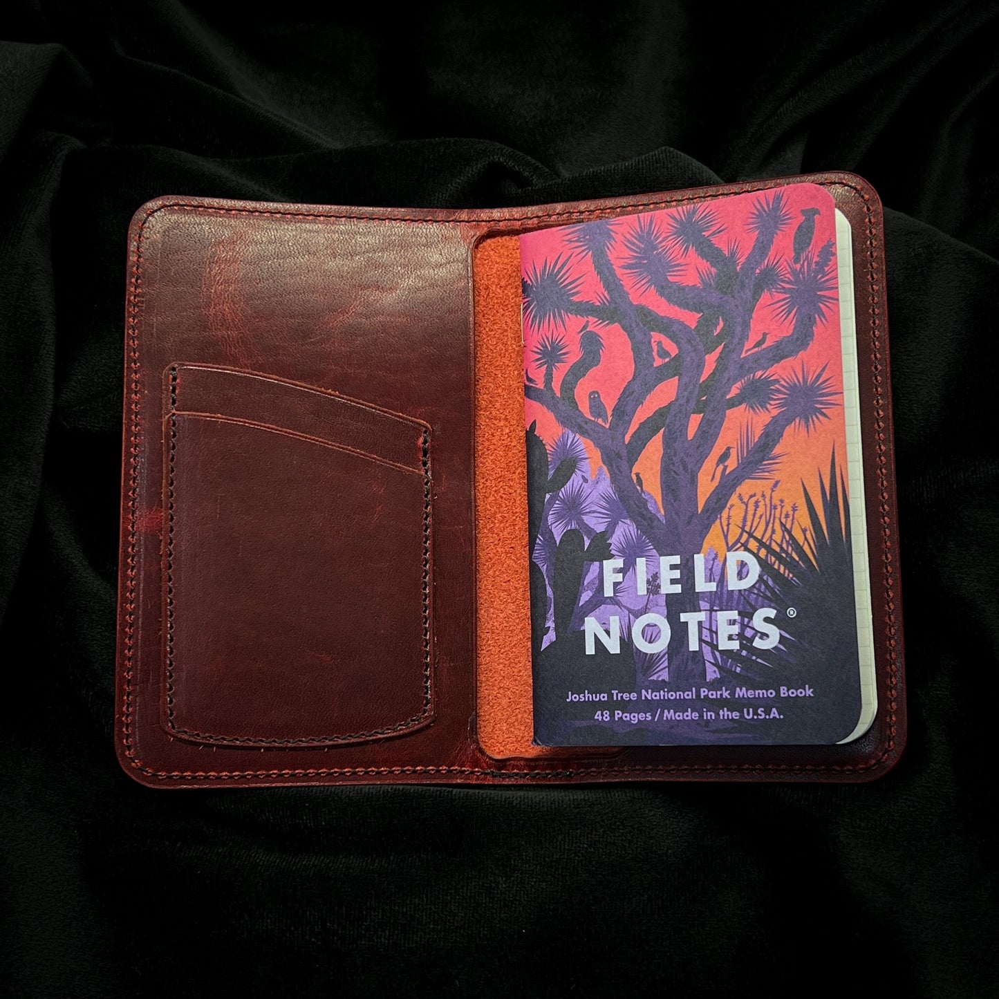 Lovely London Red Horween Notebook Cover with Field Notes refill and two credit card pockets.  Handmade by Custom Leather and Pen in Houston, TX