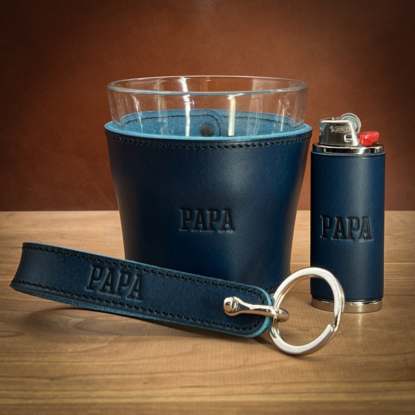 Custom Barware with matching lighter case and keychain in Blue Horween Leather