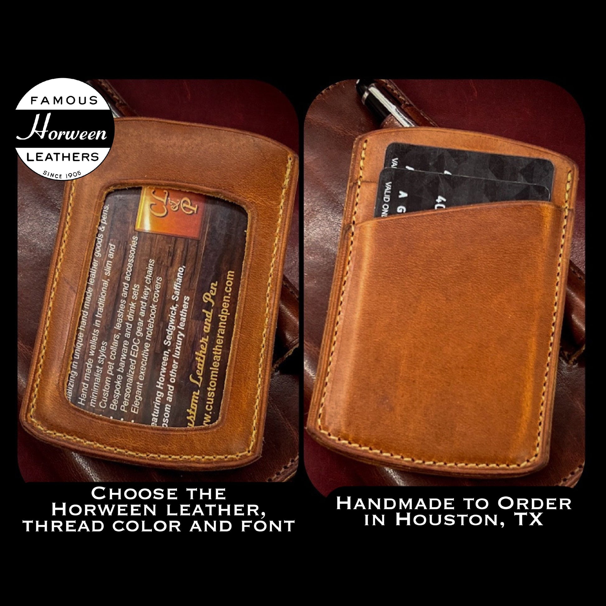 Handmade ID Wallet in Horween Leather from Houston Texas | Minimalist Front Pocket EDC Wallet | Custom Leather and Pen