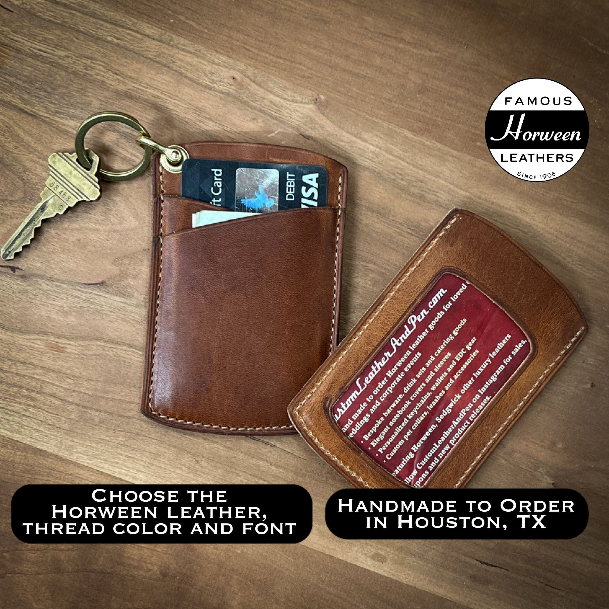Keychain and ID Wallet Handmade from Houston Texas | Minimalist Front Pocket EDC Wallet | Custom Leather and Pen