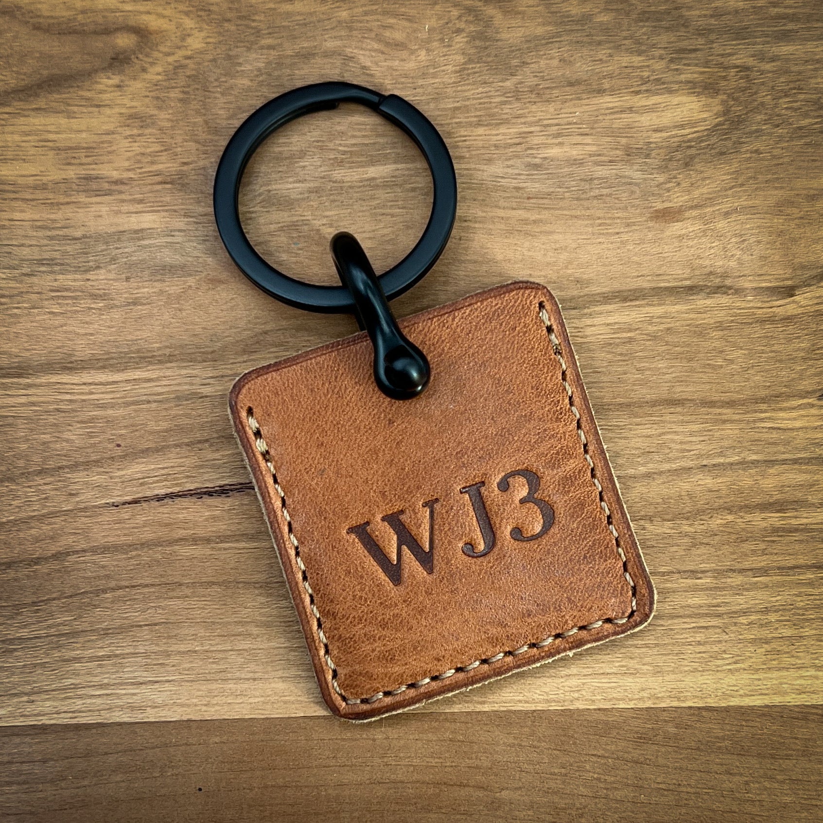 Monogram Round Leather Keychain. Full Grain Brown Leather Key Fob