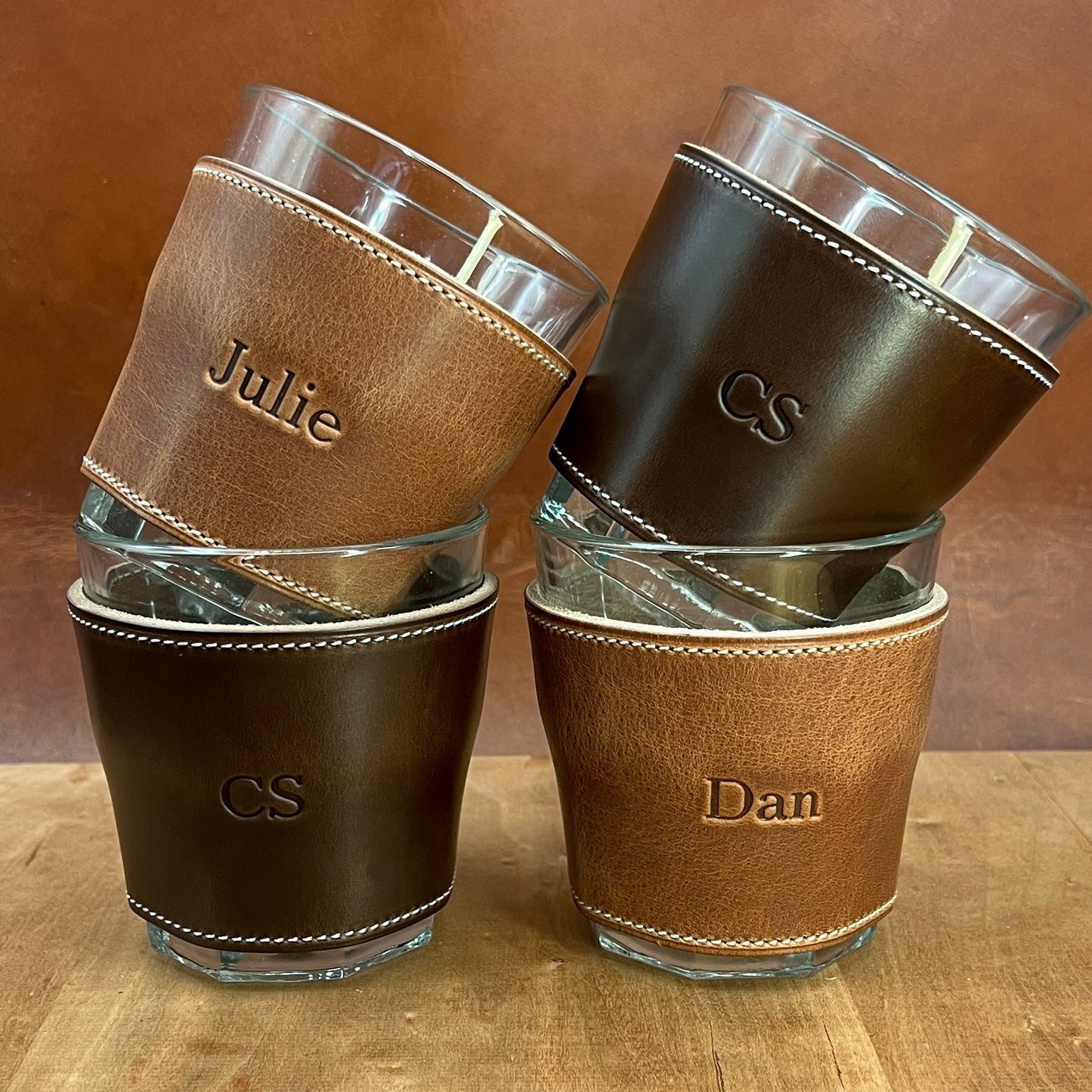 Beautiful custom whiskey glasses in natural dublin and brown CXL horween leathers
