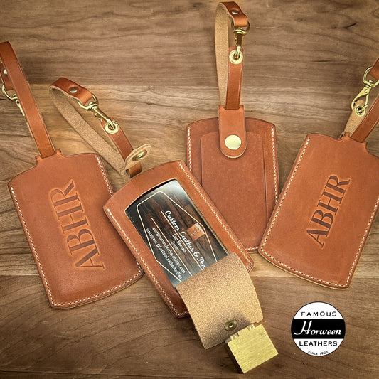 Custom Leather Luggage Tags with Company Logo in English Tan Horween Leather made to order in Houston, Texas by Custom Leather and Pen