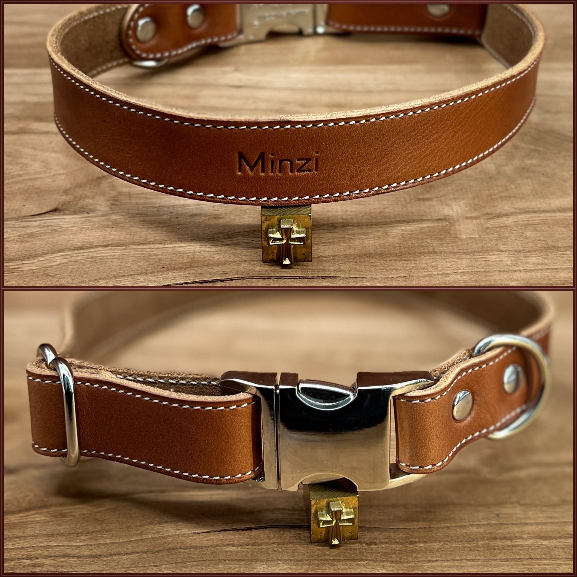 Emerald Green Dog Collar with Dark Brown Leather + Yellow and Tan Stitching