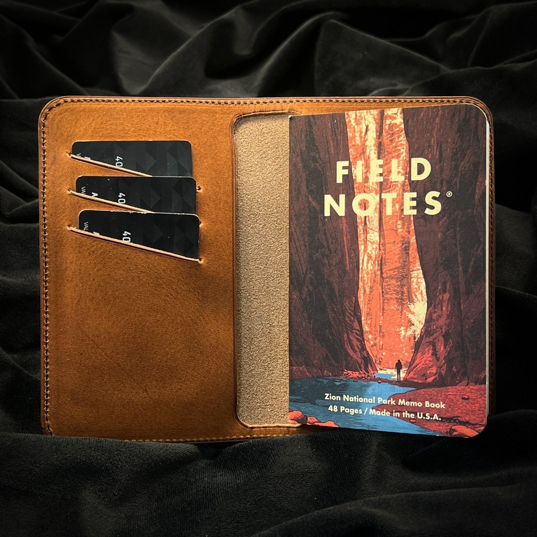 Custom Notebook Cover in English Tan Horween with 3 slash style credit card pockets and matching Field Notes notebook.  Handmade by Custom Leather and Pen in Houston, TX