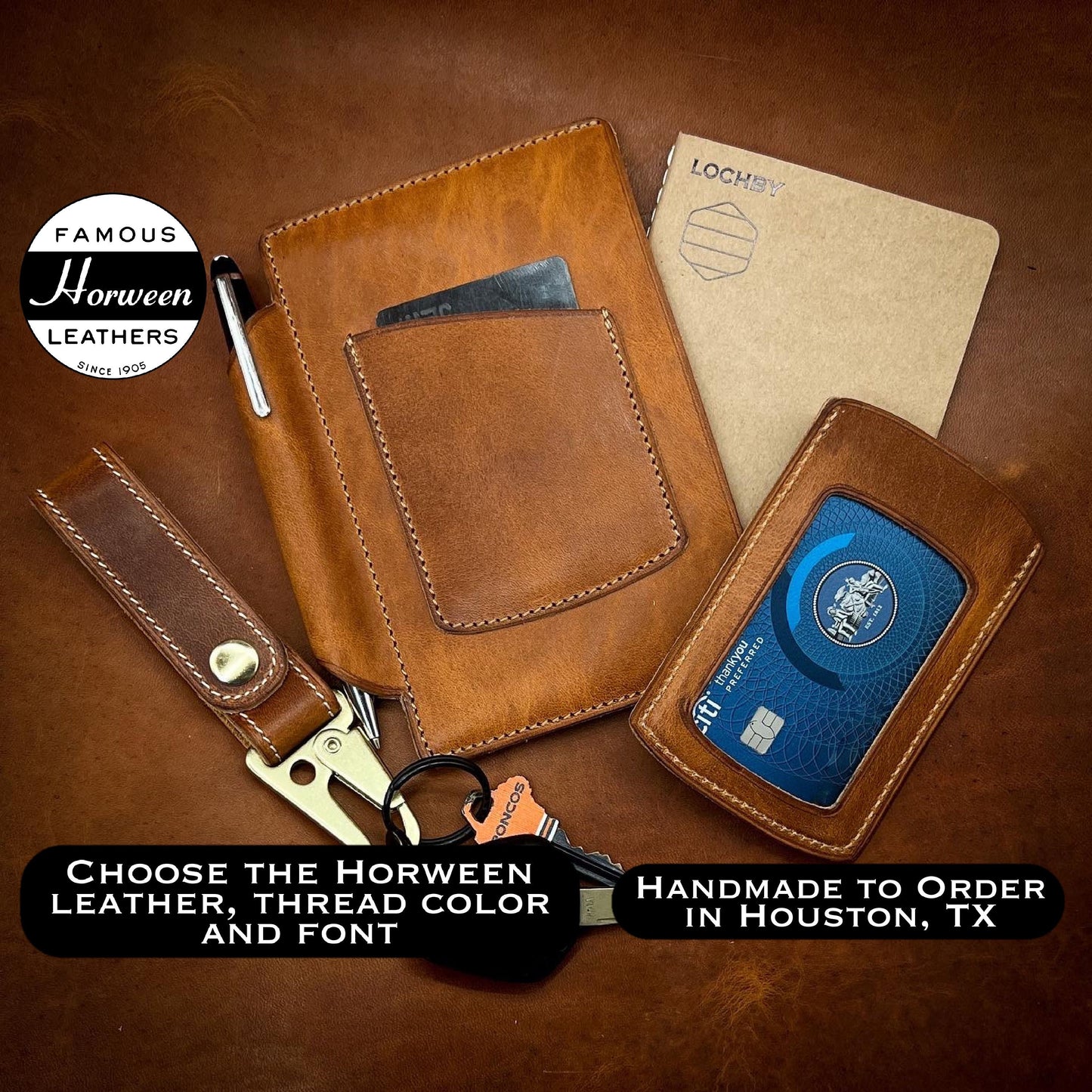 Handmade EDC Goods, Wallets, Keychains in Horween Leather from Houston Texas | Minimalist Front Pocket EDC Wallet | Custom Leather and Pen