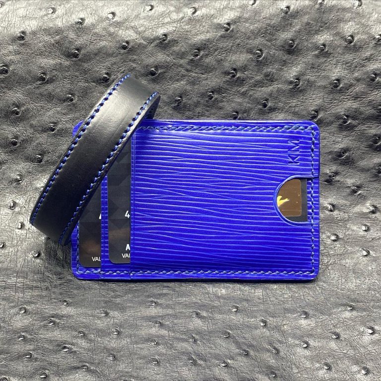 Custom Minimalist MiniMax V2 wallet in Electric Blue Montebelle Epi Leather | made in Houston | Custom Leather and Pen